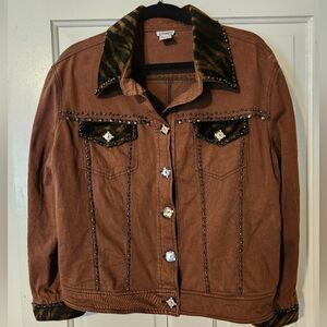 USINDO XL Brown Animal Print Collar Studded Jacket – Tiger Print Accents, Beaded